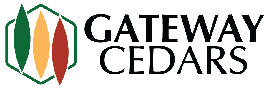 The image is a logo for "Gateway Cedars" featuring a hexagonal design with three colored leaves.